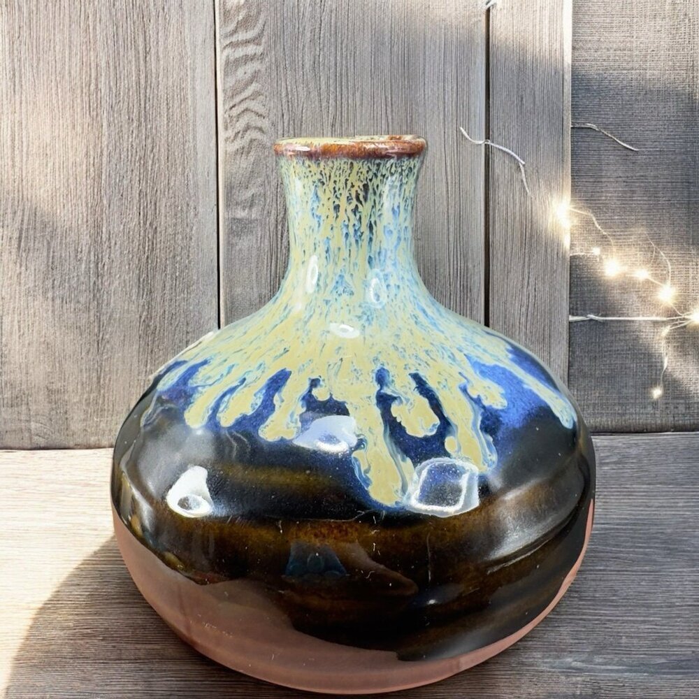 Flambé Pottery Blue Green Brown Pottery Bud Vase Bottle Bud Vase Japan Vintage
